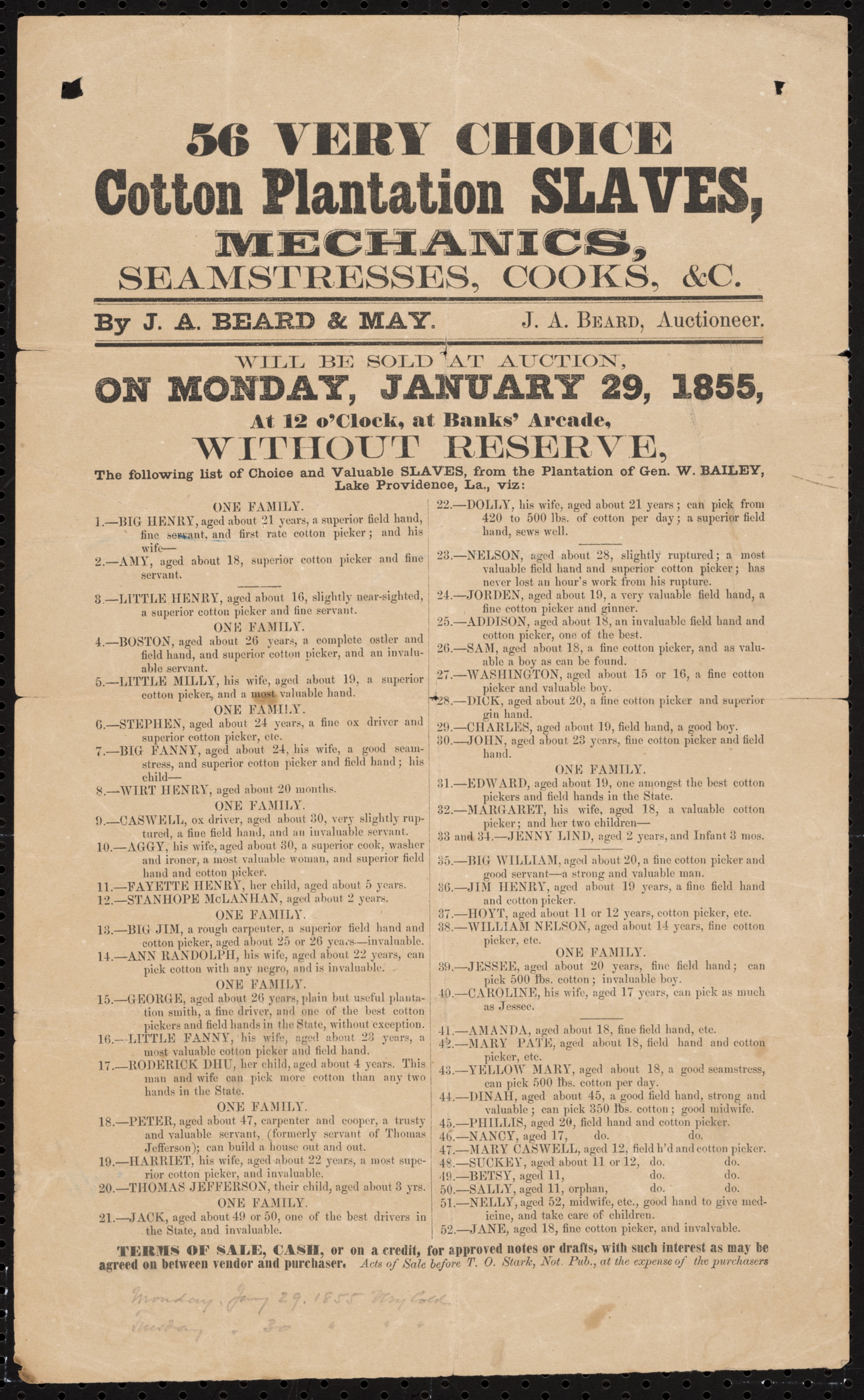 Broadside for the auction of 10 enslaved families in New Orleans
